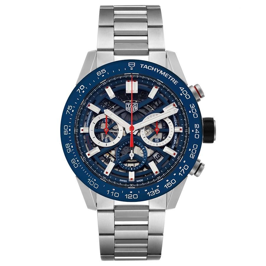 Tag Heuer Carrera Blue Skeletonized Dial Mens Watch CBG2A11 Box Card. Automatic self-winding chronograph movement. Stainless steel case 45.0 mm. Exhibition sapphire case back. Crown with rubber grip. Blue ceramic bezel with engraved tachymeter