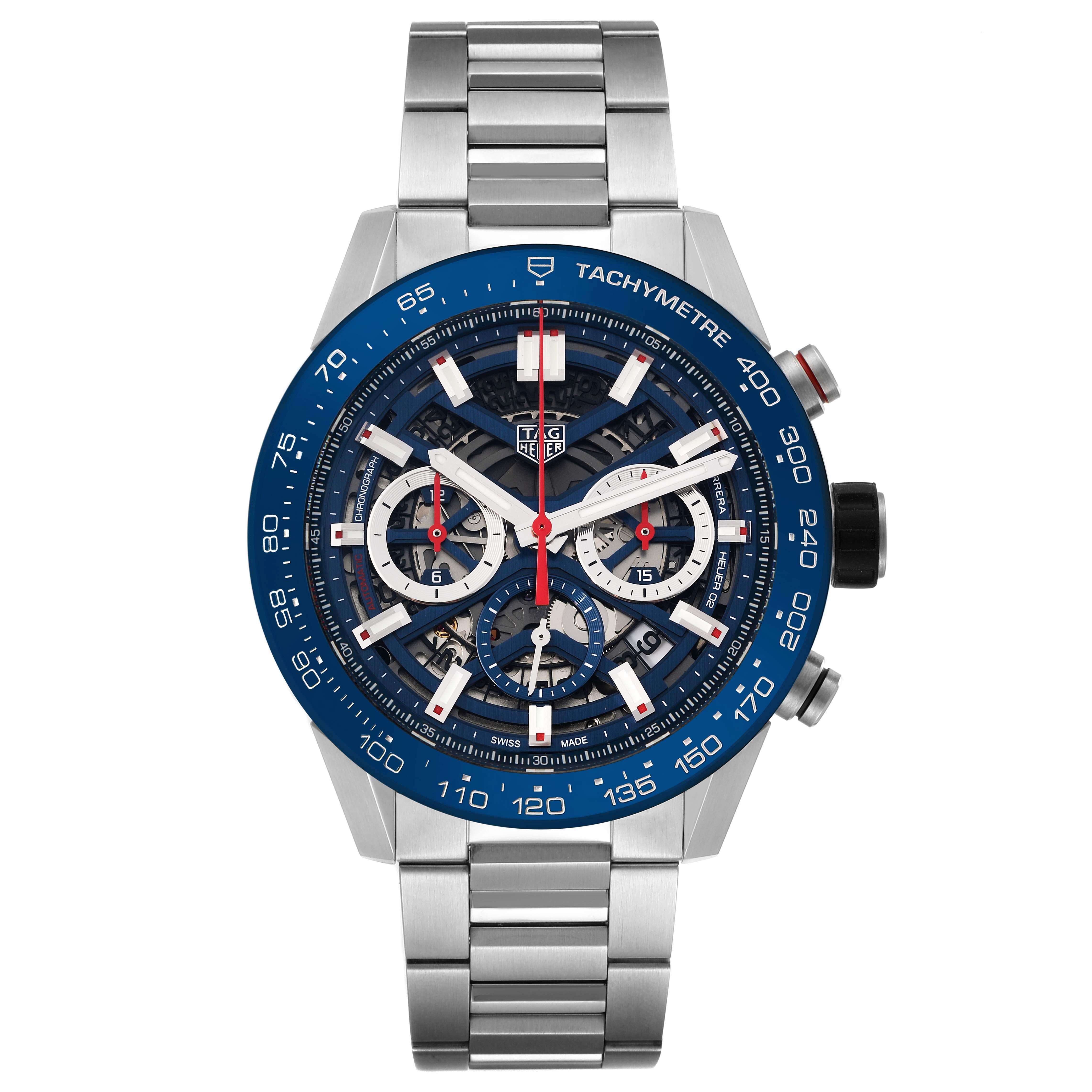 Tag Heuer Carrera Blue Skeletonized Dial Steel Mens Watch CBG2A11 Box Card. Automatic self-winding chronograph movement. Stainless steel case 45.0 mm. Exhibition transparent sapphire crystal case back. Crown with rubber grip. Blue ceramic bezel with