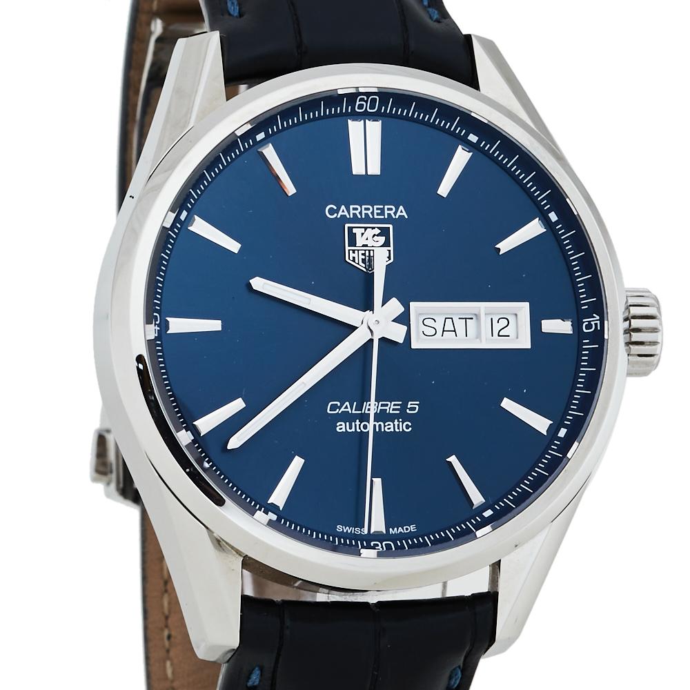 TAG Heuer Carrera Blue Stainless Steel Calibre 5 WAR201E Men's Wristwatch 41MM In Good Condition In Dubai, Al Qouz 2