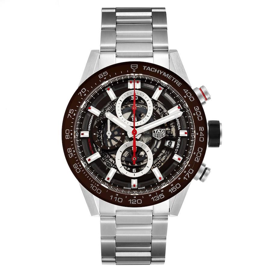 Tag Heuer Carrera Brown Skeleton Dial Chronograph Watch CAR201U Box Card. Automatic self-winding chronograph movement. Stainless steel case 43.0 mm. Exhibition sapphire crystal case back. Brown ceramic bezel with tachymeter scale. Scratch resistant