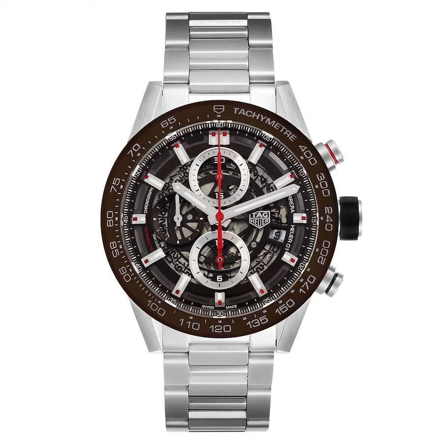 Tag Heuer Carrera Brown Skeleton Dial Chronograph Watch CAR201U Box Card. Automatic self-winding chronograph movement. Stainless steel case 43.0 mm. Exhibition sapphire crystal case back. Brown ceramic bezel with tachymeter scale. Scratch resistant