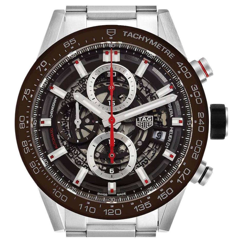 TAG Heuer Carrara Brown Skeleton Dial Chronograph Watch CAR201U Box Card For Sale