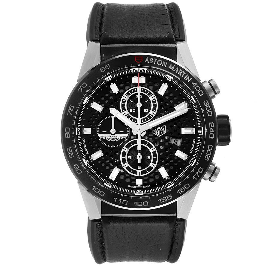 TAG Heuer Carrera Caliber Heuer 01 Aston Martin LE Mens Watch CAR2A1AB. Automatic self-winding movement. Stainless steel case 45 mm. Case thickness: 16.5 mm. Exhibition sapphire crystal caseback. Stainless steel fluted crown. Black ceramic bezel