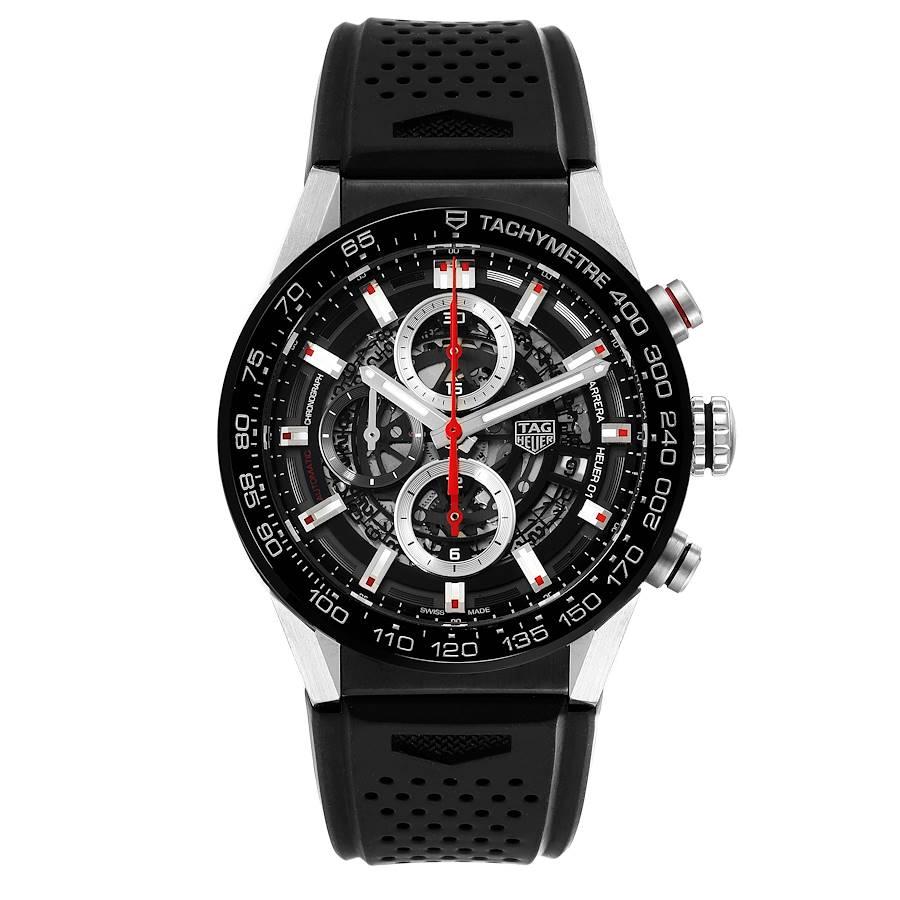 TAG Heuer Carrera Caliber Heuer 01 Skeleton Mens Watch CAR201V Box Card. Automatic self-winding movement. Stainless steel case 43 mm. Case thickness: 16.5 mm. Exhibition sapphire crystal caseback.  Stainless steel fluted crown. Black ceramic bezel