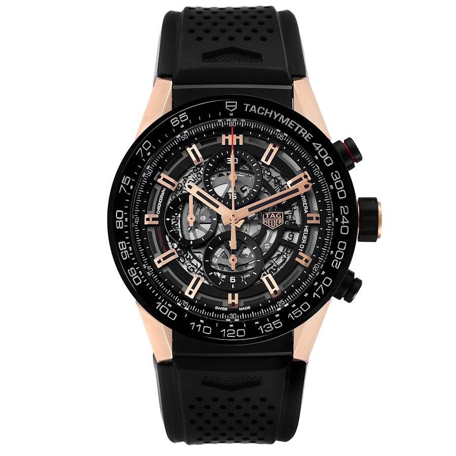 Tag Heuer Carrera Caliber Heuer 01 Skeleton Mens Watch CAR2A5A Box Card. Automatic self-winding chronograph movement. Titanium and rose gold case 45.0 mm. Case thickness: 16.5mm. 18kt rose gold crown with rubber grip. black titanium carbide coated