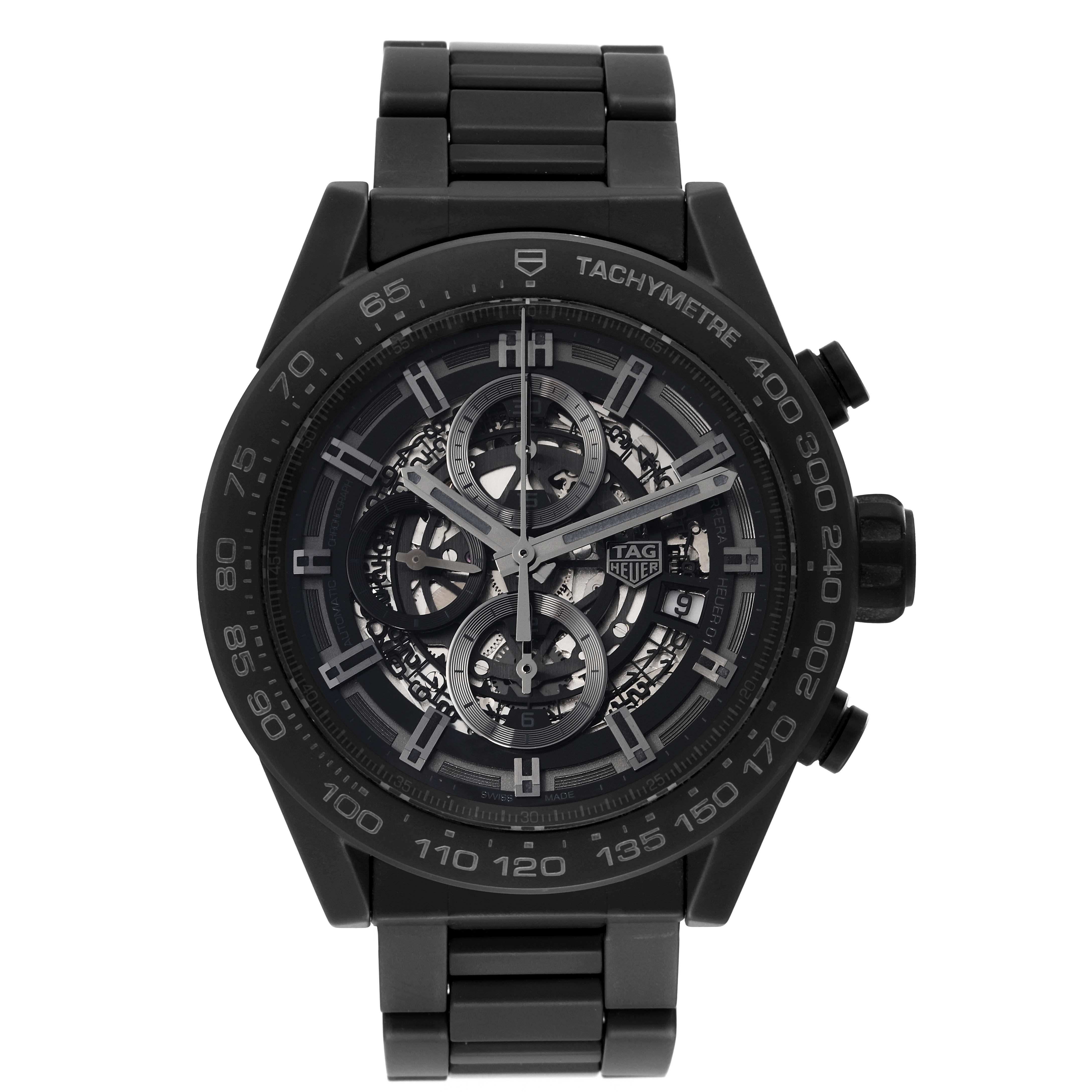 TAG Heuer Carrera Calibre 01 Skeleton Ceramic Mens Watch CAR2A91 Box Card. Automatic self-winding chronograph movement. Black ceramic case 45 mm in diameter. Case thickness: 16.5 mm. Transparent exhibition sapphire crystal caseback. Black ceramic