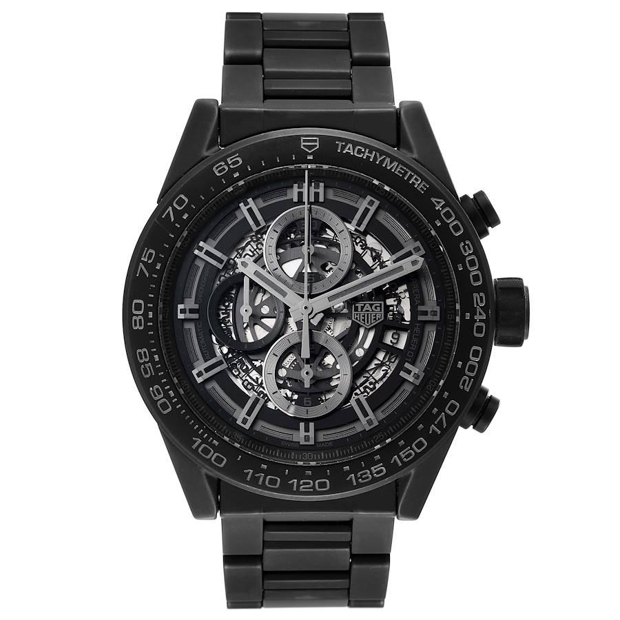 TAG Heuer Carrera Calibre 01 Skeleton Ceramic Mens Watch CAR2A91. Automatic self-winding chronograph movement. Black ceramic case 45 mm. Case thickness: 16.5 mm. Exhibition sapphire crystal caseback. Black ceramic bezel with grey tachymeter scale.
