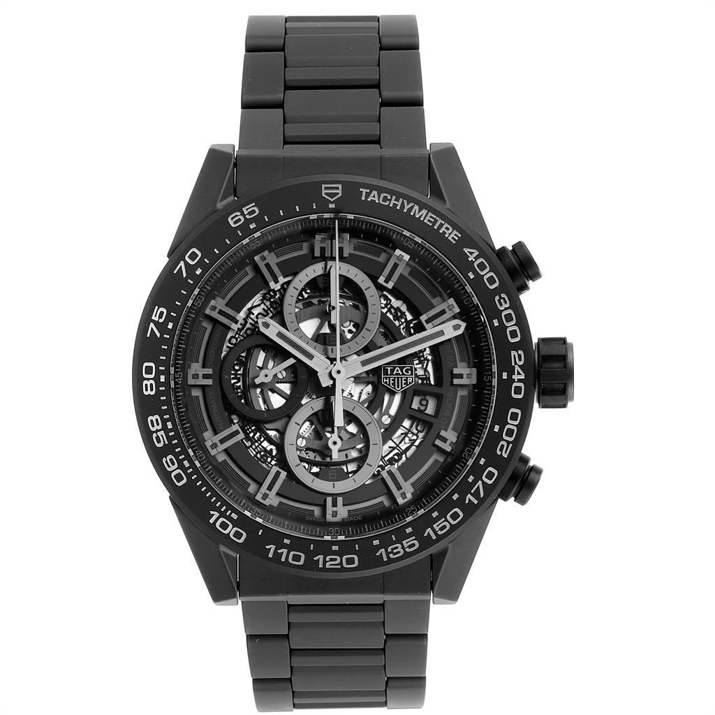 TAG Heuer Carrera Calibre 01 Skeleton Ceramic Watch CAR2A91 Unworn. Automatic self-winding chronograph movement. Black ceramic case 45 mm. Case thickness: 16.5 mm. Exhibition sapphire crystal caseback. Black ceramic bezel with grey tachymeter scale.