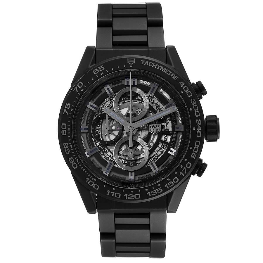 TAG Heuer Carrera Calibre 01 Skeleton Ceramic Watch CAR2A91 Unworn. Automatic self-winding chronograph movement. Black ceramic case 45 mm. Case thickness: 16.5 mm. Exhibition sapphire crystal caseback. Black ceramic bezel with grey tachymeter scale.