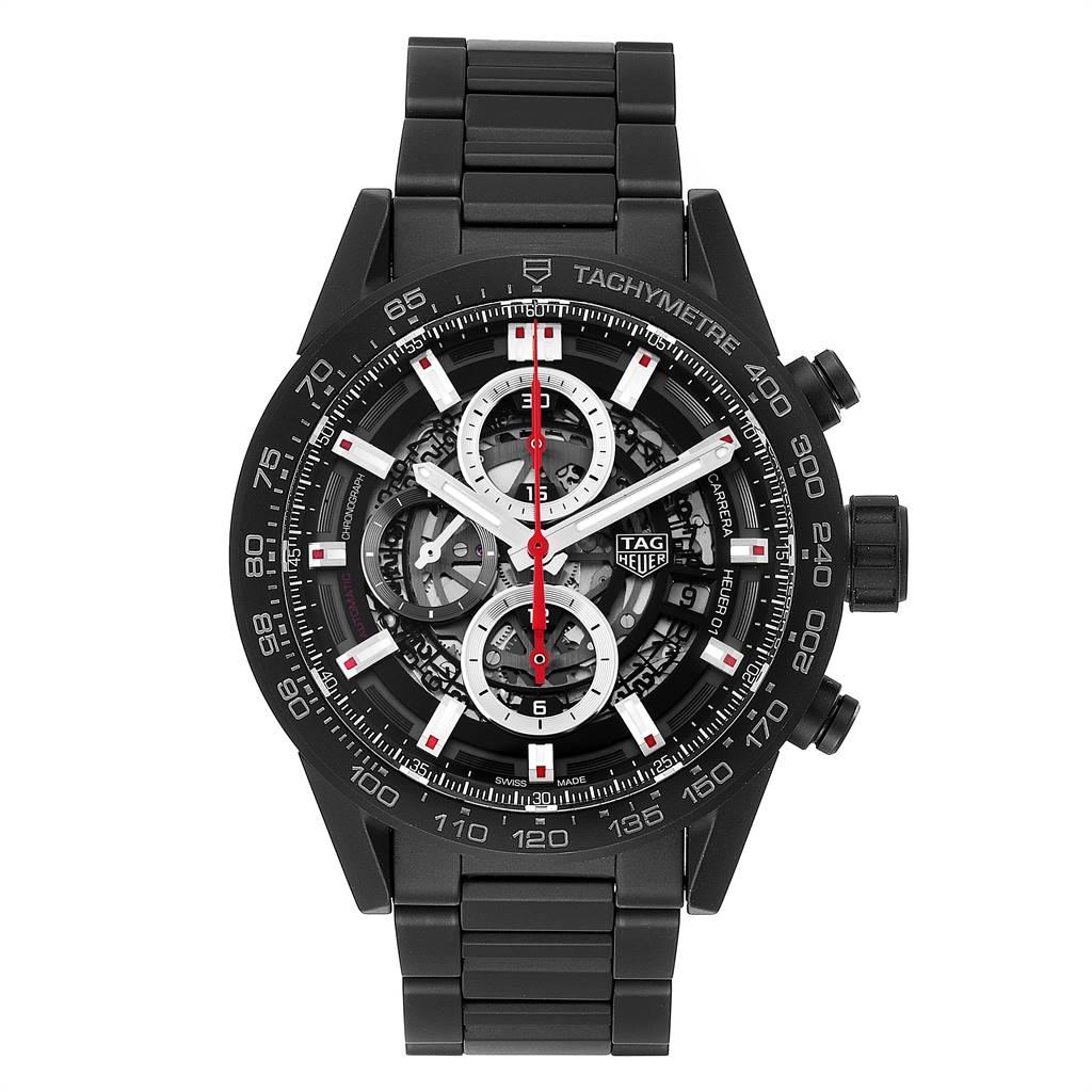 TAG Heuer Carrera Calibre 01 Skeleton Mens Watch CAR2090 Box Card. Automatic self-winding chronograph movement. Black matte ceramic case 43 mm in diameter. Exhibition sapphire crystal caseback. Black ceramic bezel with grey tachymeter scale. Scratch