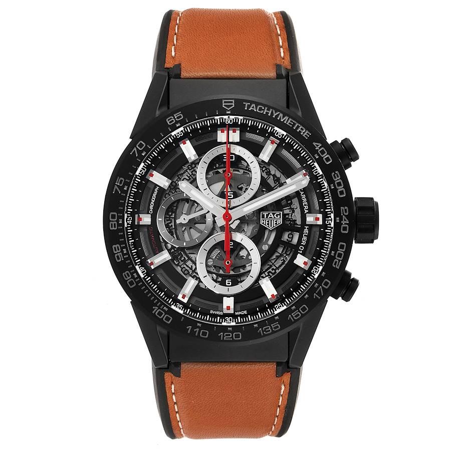 TAG Heuer Carrera Calibre 01 Skeleton Mens Watch CAR2090 Box Card. Automatic self-winding chronograph movement. Black matte ceramic case 43 mm in diameter. Exhibition sapphire crystal caseback. Black ceramic bezel with grey tachymeter scale. Scratch