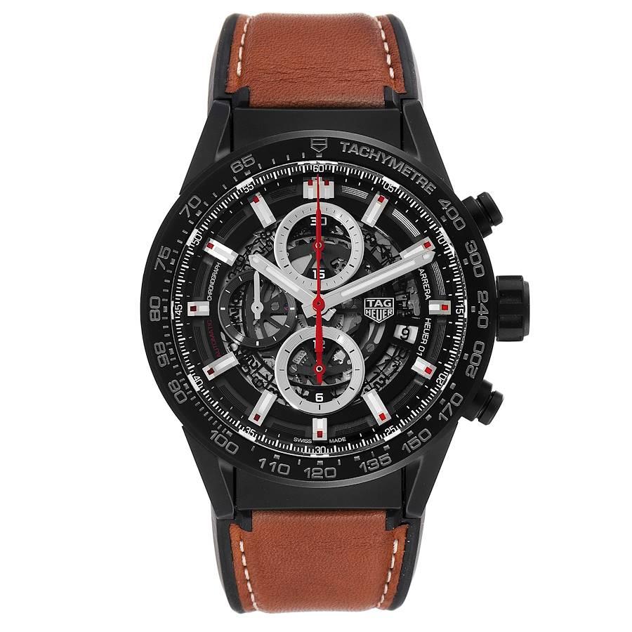 TAG Heuer Carrera Calibre 01 Skeleton Mens Watch CAR2090 Box Card. Automatic self-winding chronograph movement. Black matte ceramic case 43 mm in diameter. Exhibition sapphire crystal caseback. Black ceramic bezel with grey tachymeter scale. Scratch