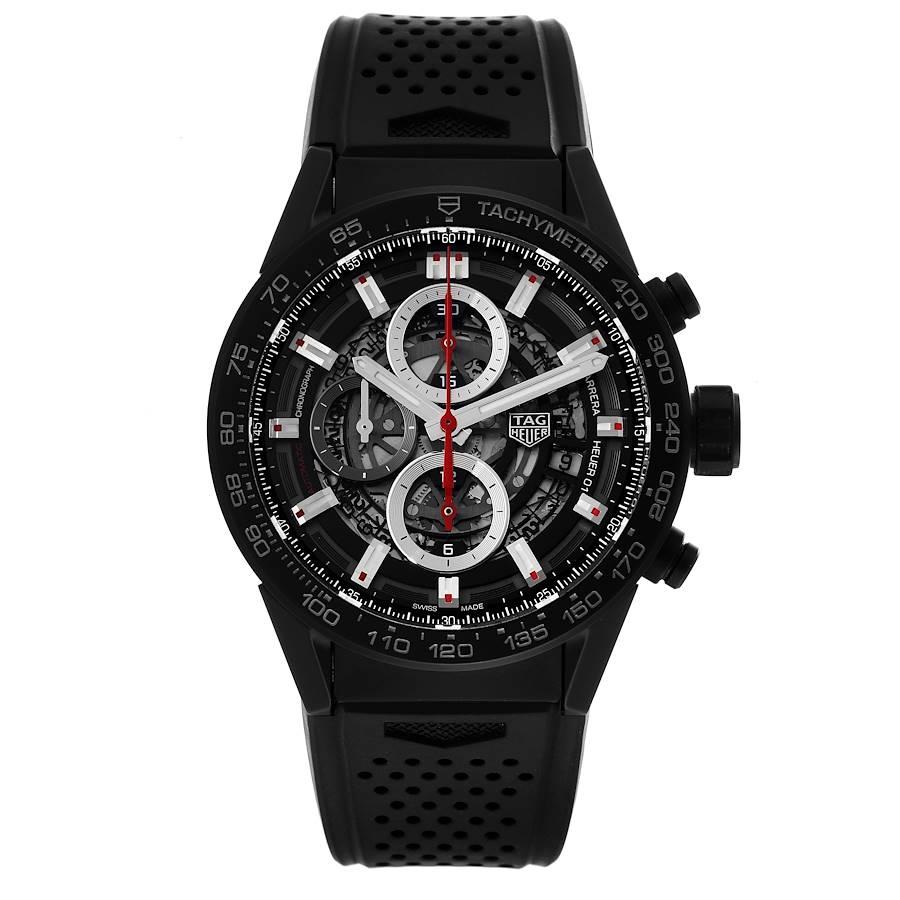 TAG Heuer Carrera Calibre 01 Skeleton Mens Watch CAR2090 Box Card. Automatic self-winding chronograph movement. Black matte ceramic case 43 mm in diameter. Exhibition sapphire crystal caseback. Black ceramic bezel with grey tachymeter scale. Scratch
