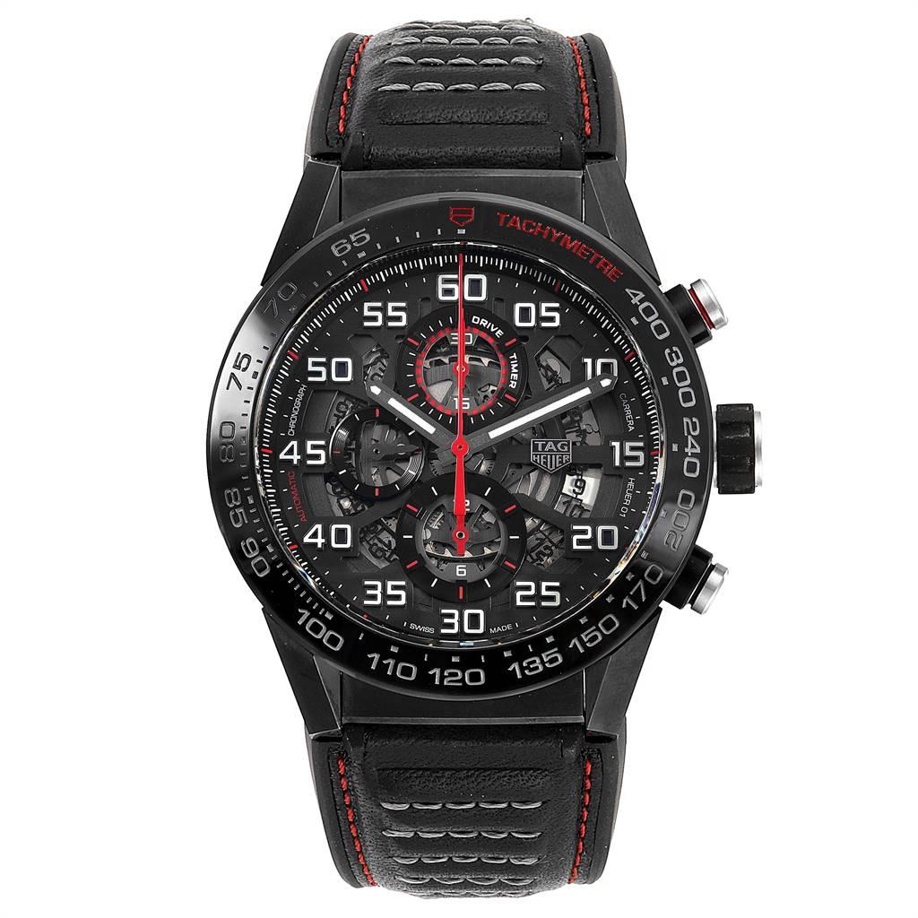TAG Heuer Carrera Calibre 01 Skeleton Mens Watch CAR2A1H Box Card. Automatic self-winding chronograph movement. Black PVD coated stainless steel case 45 mm. Case thickness: 16.5 mm. Exhibition sapphire crystal caseback. Satin finished stainless