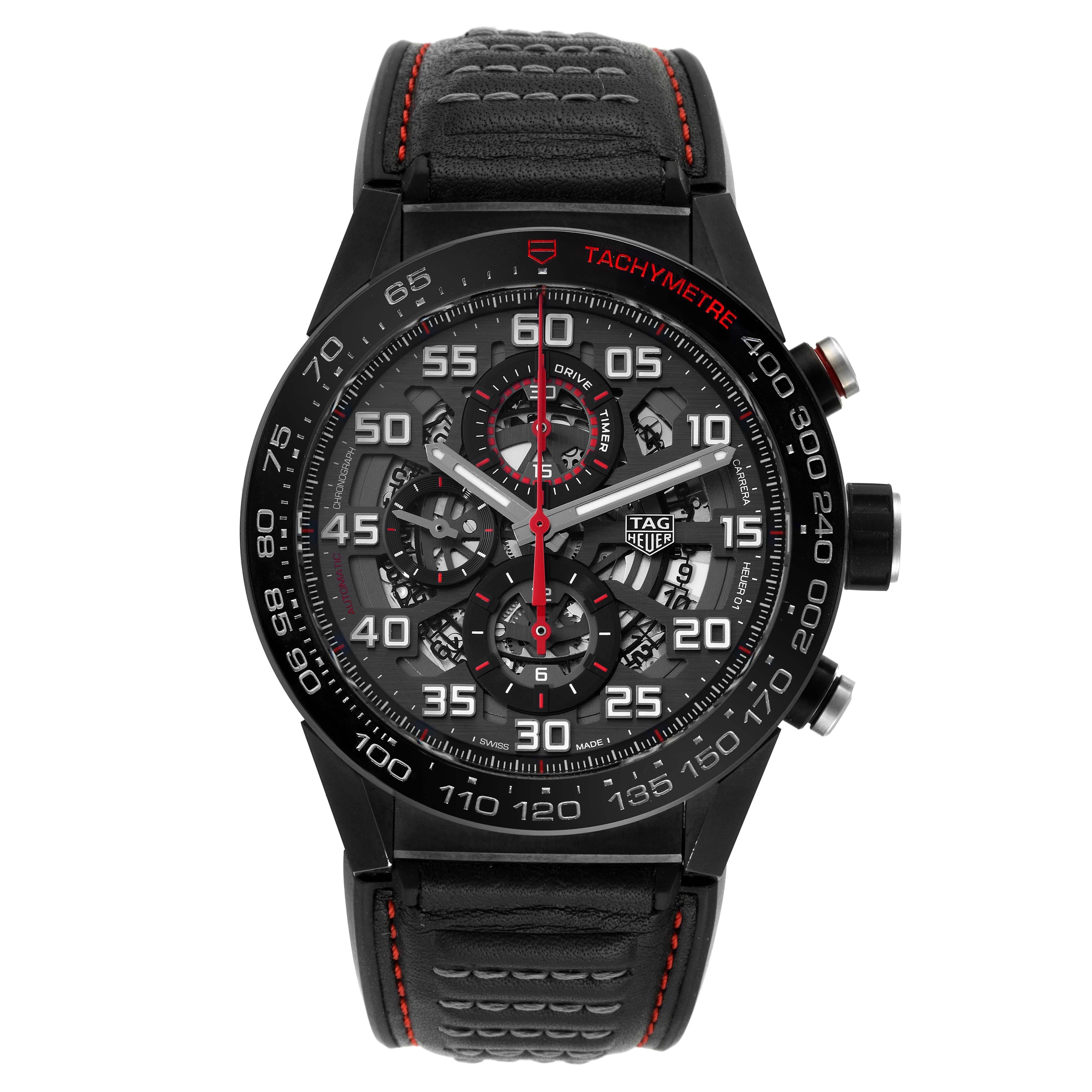 TAG Heuer Carrera Calibre 01 Skeleton Mens Watch CAR2A1H Box Card. Automatic self-winding chronograph movement. Black PVD coated stainless steel case 45 mm. Case thickness: 16.5 mm. Transparent exhibition sapphire crystal caseback. Satin finished
