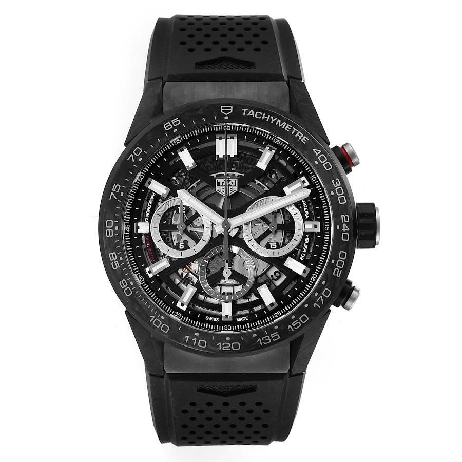 TAG Heuer Carrera Calibre 02 Skeleton Carbon Watch CBG2A91 Unworn. Automatic self-winding chronograph movement. Carbon fiber case 45 mm in diameter. Exhibition sapphire crystal caseback. Crown with rubber grip. Carbon fiber bezel with grey
