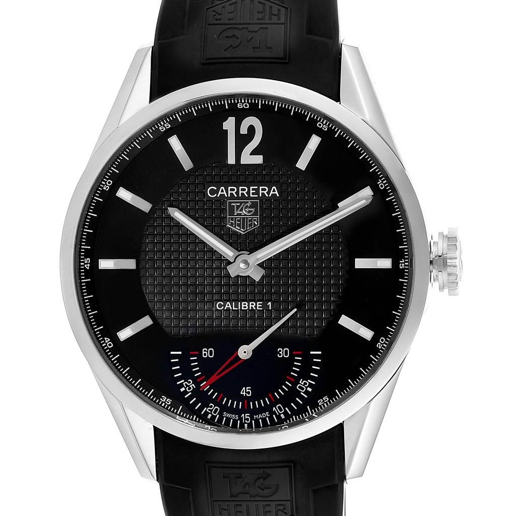 Tag Heuer Carrera Calibre 1 Limited Edition Mens Watch WV3010 Box Card. Manual-winding movement. Steel case 44.0 mm. Case thickness: 12.5 mm. Exhibition sapphire crystal case back. Stainless steel bezel. Scratch resistant sapphire crystal. Black