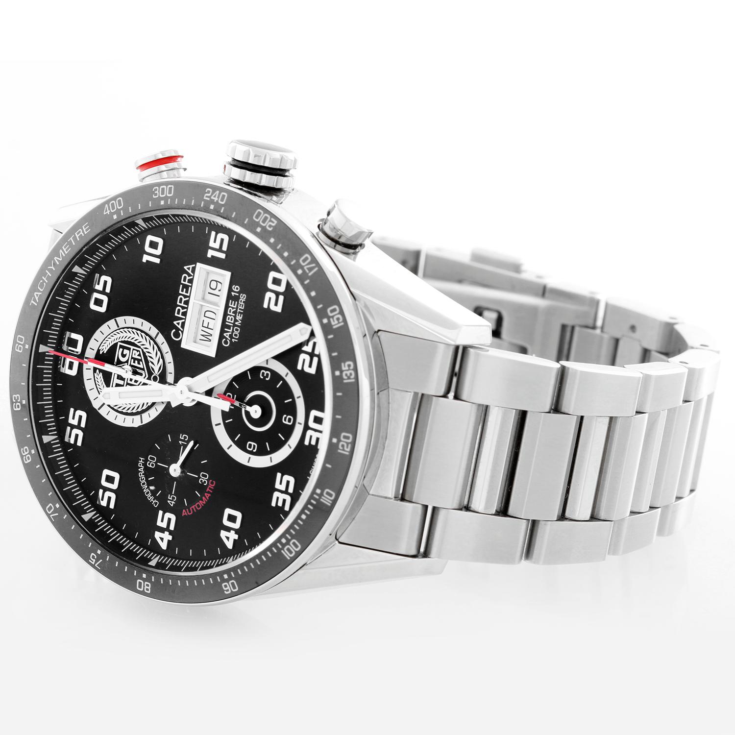 Tag Heuer Carrera Calibre 16 Automatic Chronograph Mens Watch CV2A1T - Automatic winding. Polished stainless steel case with tachymeter bezel (43mm diameter). Black dial with raised Arabic numerals. Big date at 3 o'clock. Stainless steel case; will
