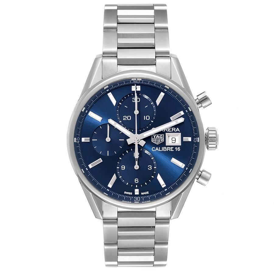Tag Heuer Carrera Calibre 16 Chronograph Steel Mens Watch CBK2112 Box Card. Automatic self-winding chronograph movement. Stainless steel case 41.0 mm in diameter. Stainless steel smooth bezel. Scratch resistant sapphire crystal. Blue dial with steel