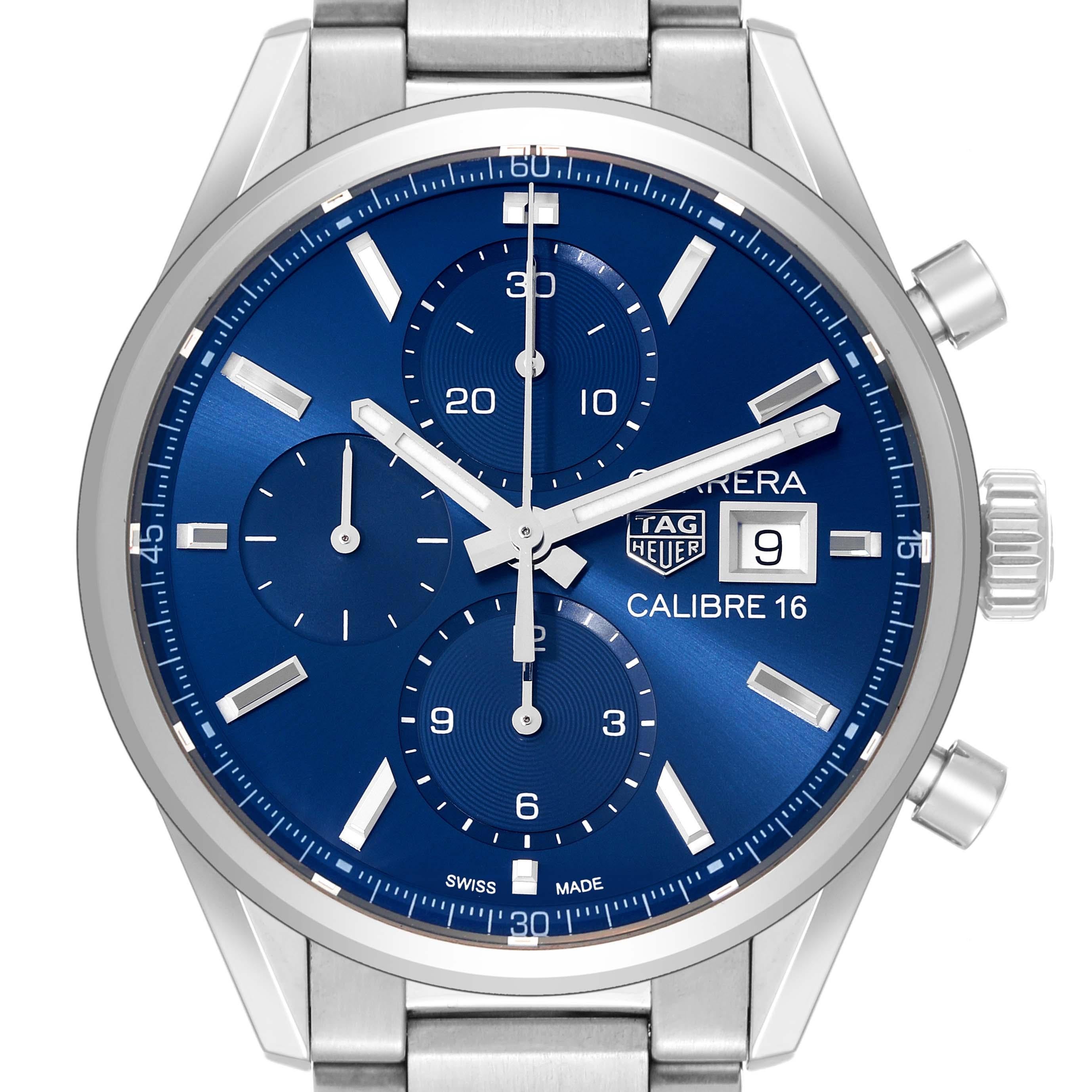 Tag Heuer Carrera Calibre 16 Chronograph Steel Mens Watch CBK2112 Box Card. Automatic self-winding chronograph movement. Stainless steel case 41.0 mm in diameter. Transparent exhibition sapphire crystal caseback. Stainless steel smooth bezel.