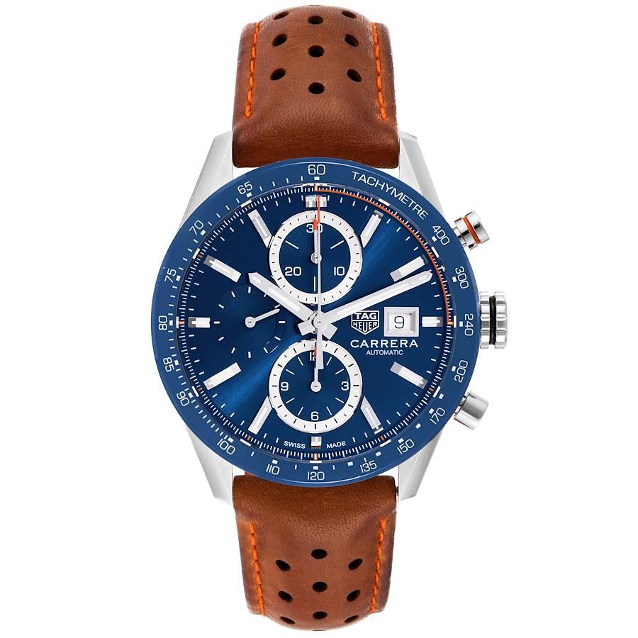 Tag Heuer Carrera Calibre 16 Chronograph Steel Mens Watch CBM2112. Automatic self-winding chronograph movement. Stainless steel case 41.0 mm in diameter. Blue bezel with tachymeter scale. Scratch resistant sapphire crystal. Blue dial with steel