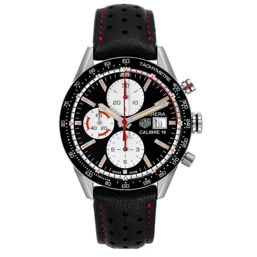 Tag Heuer Carrera Calibre 16 Chronograph Steel Mens Watch CV201AP Box Card. Automatic self-winding chronograph movement. Stainless steel case 41.0 mm in diameter. Black bezel with tachymeter scale. Scratch resistant sapphire crystal. Black dial with