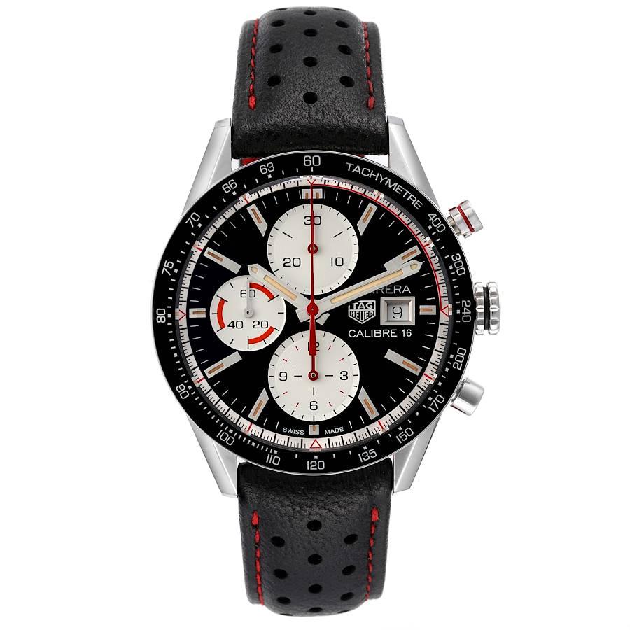 Tag Heuer Carrera Calibre 16 Chronograph Steel Mens Watch CV201AP Box Card. Automatic self-winding chronograph movement. Stainless steel case 41.0 mm in diameter. Black bezel with tachymeter scale. Scratch resistant sapphire crystal. Black dial with