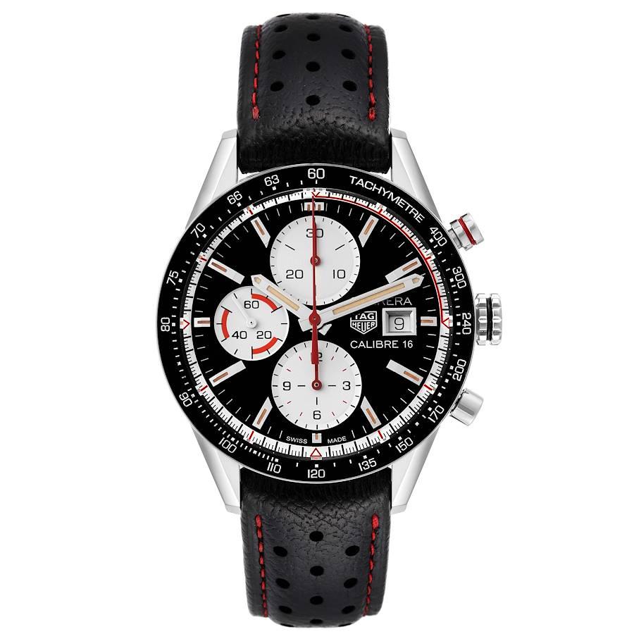 Tag Heuer Carrera Calibre 16 Chronograph Steel Mens Watch CV201AP Box Card. Automatic self-winding chronograph movement. Stainless steel case 41.0 mm in diameter. Black bezel with tachymeter scale. Scratch resistant sapphire crystal. Black dial with