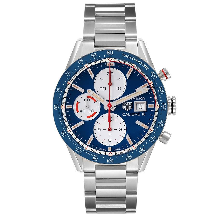 Tag Heuer Carrera Calibre 16 Chronograph Steel Mens Watch CV201AR. Automatic self-winding chronograph movement. Stainless steel case 41.0 mm in diameter. Blue bezel with tachymeter scale. Scratch resistant sapphire crystal. Blue dial with steel