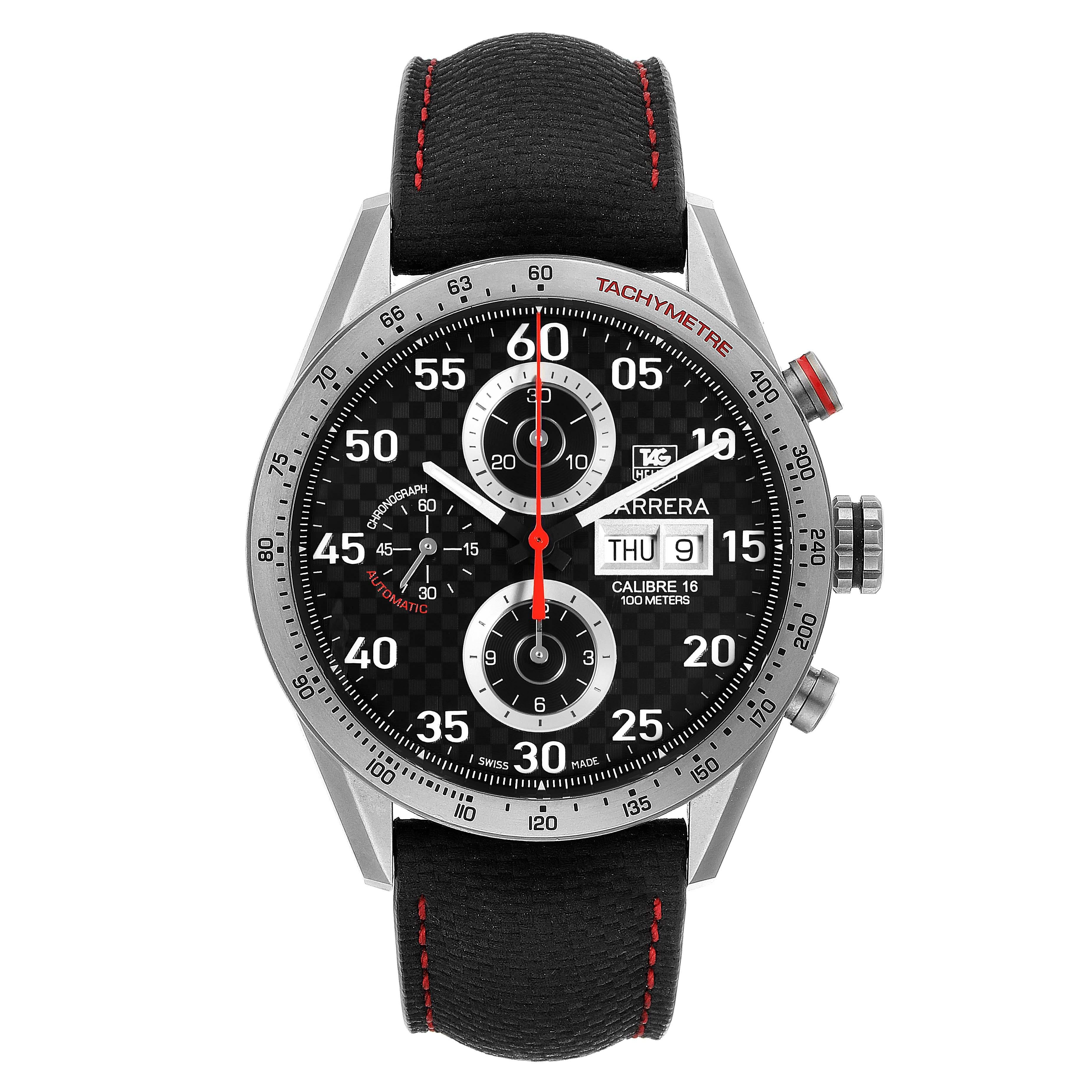 Tag Heuer Carrera Calibre 16 Titanium Day Date Mens Watch CV2A80 Box Card. Automatic self-winding chronograph movement. Grey brushed titanium case 43.0 mm. Case thickness 16.3 mm. Transperent sapphire crystal back. Titanium bezel with tachymeter