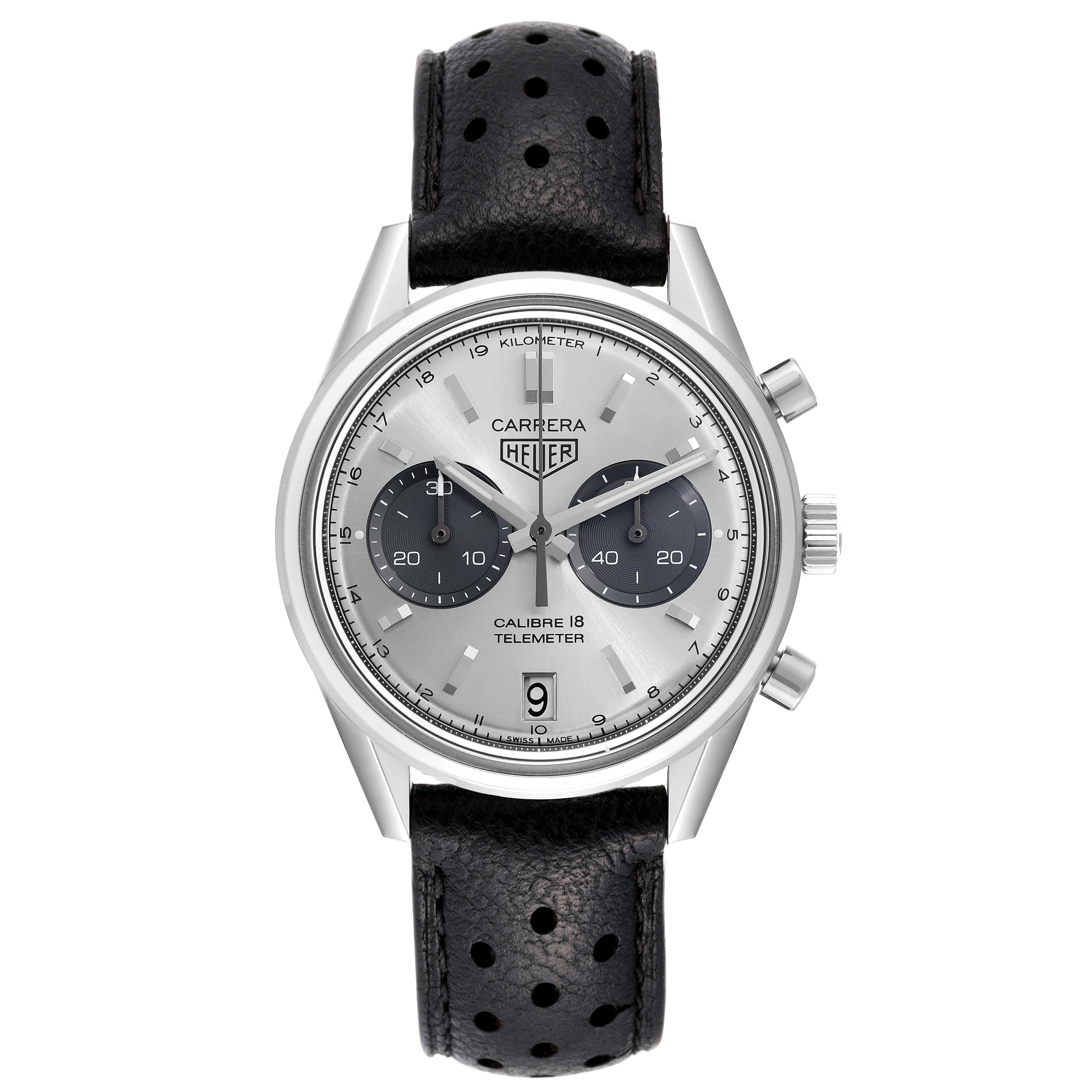 Tag Heuer Carrera Calibre 18 Telemeter Steel Mens Watch CAR221A Box Card. Automatic self-winding chronograph movement. Stainless steel case 39 mm in diameter. Stainless steel bezel. Scratch resistant sapphire crystal. Silver dial with raised baton
