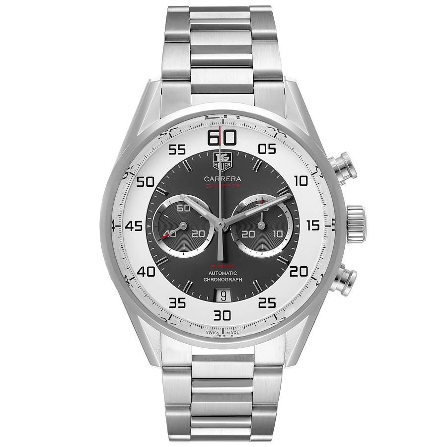 Tag Heuer Carrera Calibre 36 Flyback Steel Mens Watch CAR2B11 Box Card. Automatic self-winding movement. Stainless steel case 43.0 mm. Exhibition sapphire crystal caseback. Stainless steel smooth bezel. Scratch resistant sapphire crystal. Grey and