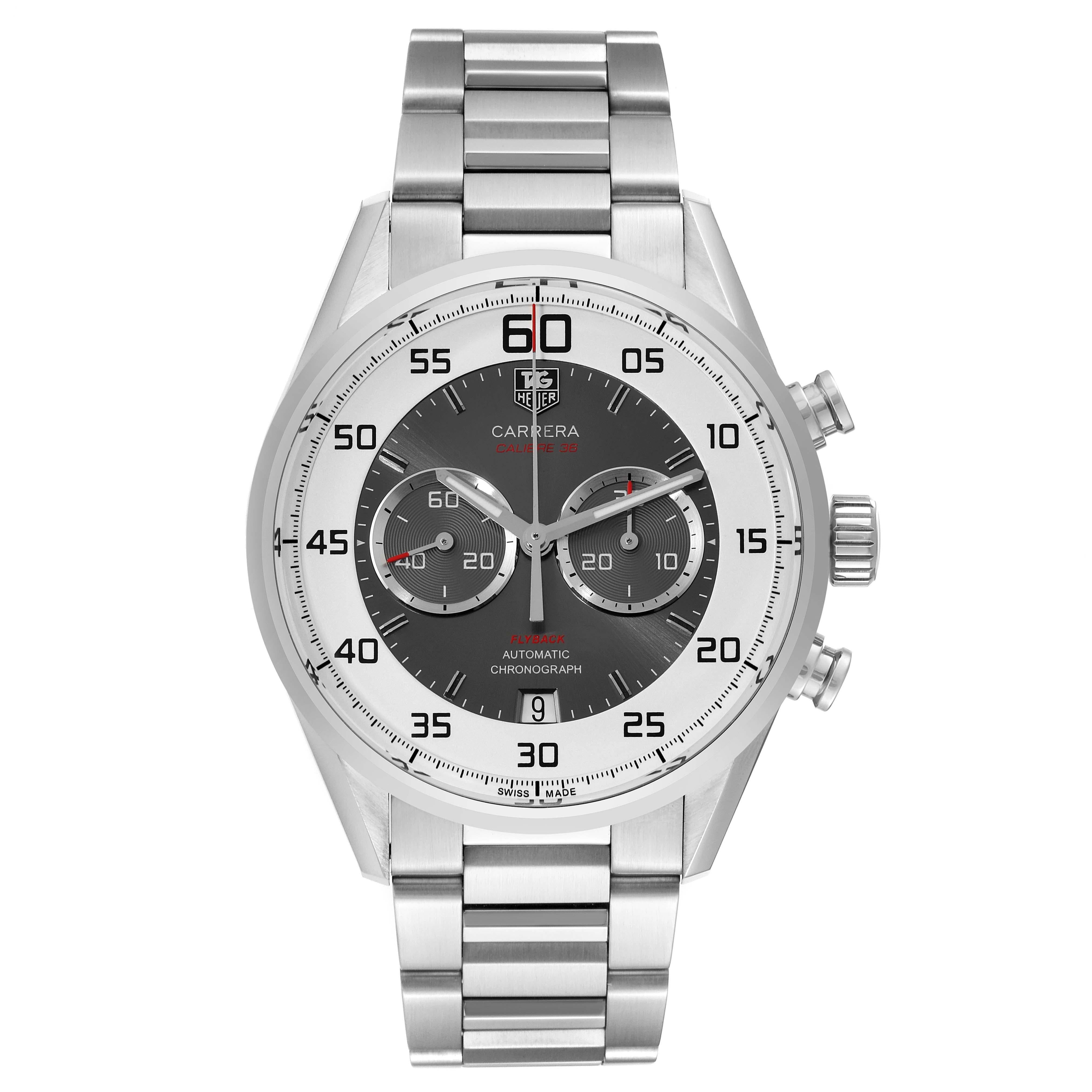 Tag Heuer Carrera Calibre 36 Flyback Steel Mens Watch CAR2B11 Box Card. Automatic self-winding movement. Stainless steel case 43.0 mm. Exhibition transparent sapphire crystal caseback. Stainless steel smooth bezel. Scratch resistant sapphire