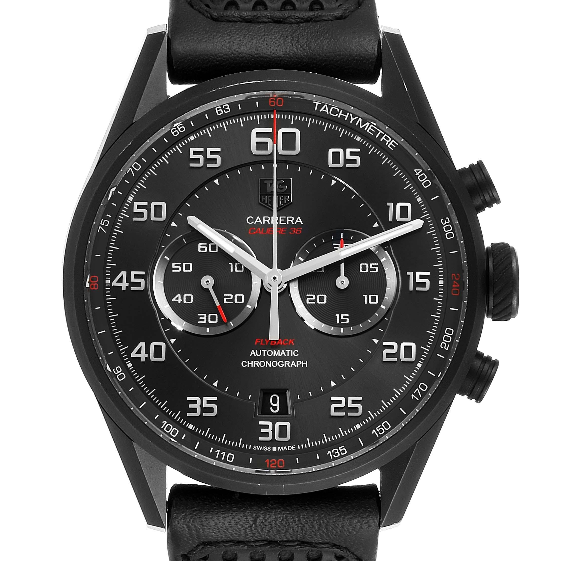 Tag Heuer Carrera Calibre 36 Flyback Titanium Mens Watch CAR2B80. Automatic self-winding movement. Titanium case 43.0 mm. Exhibition sapphire crystal caseback. Black ceramic bezel. Scratch resistant sapphire crystal. Antracite sunray dial with