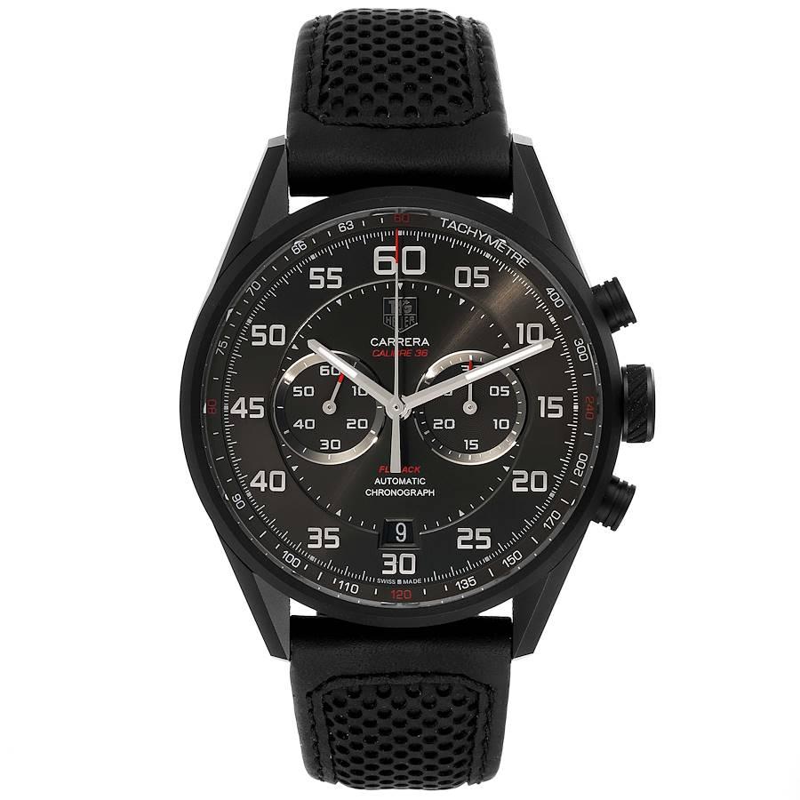 Tag Heuer Carrera Calibre 36 Flyback Titanium Mens Watch CAR2B80 Unworn. Automatic self-winding movement. Titanium case 43.0 mm. Exhibition sapphire crystal caseback. Black smooth bezel. Scratch resistant sapphire crystal. Antracite sunray dial with