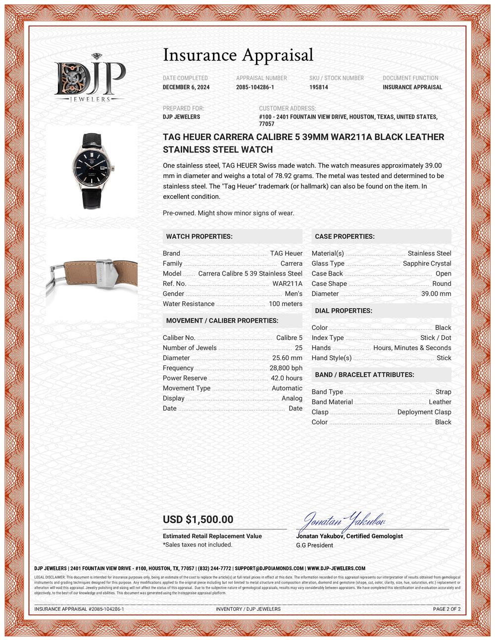 Tag Heuer Carrera Kaliber 5 39MM WAR211A Schwarze Edelstahl-Uhr aus Leder 7