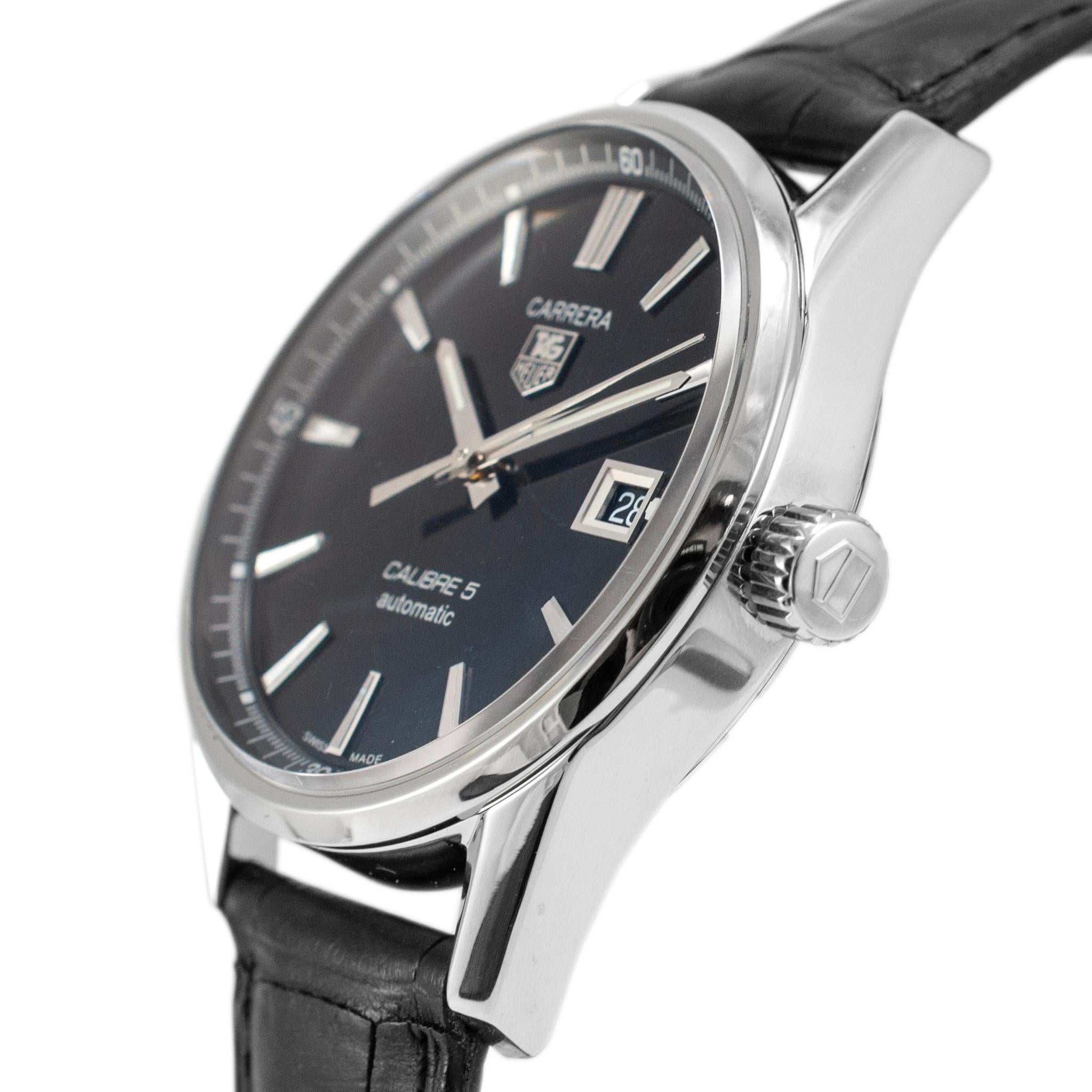 Tag Heuer Carrera Kaliber 5 39MM WAR211A Schwarze Edelstahl-Uhr aus Leder im Zustand „Hervorragend“ in Houston, TX