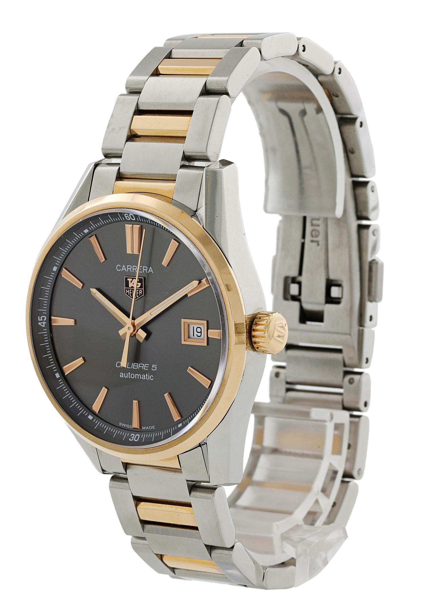 Tag Heuer Carrera Calibre 5 WAR215E.BD0784 Men Watch. 
39mm Stainless Steel case. 
Yellow Gold bezel. 
Gray dial with Luminous gold hands and index hour markers. 
Minute markers on the outer dial. 
Date display at the 3 o'clock position. 
Two Tone