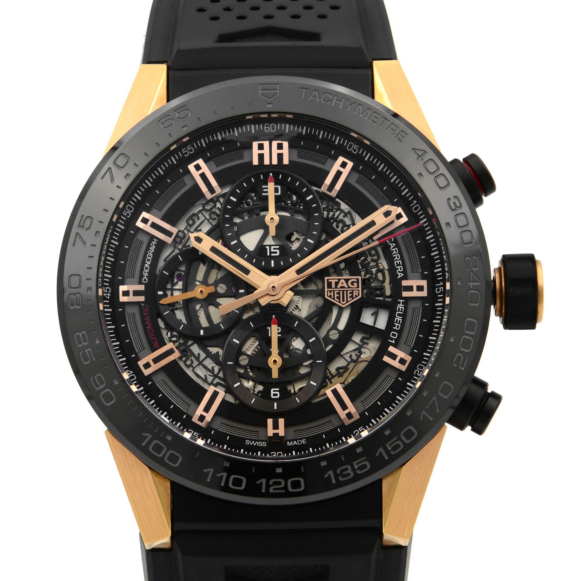 This pre-owned mint condition TAG Heuer Carrera CAR2A5A.FT6044 is a beautiful men's timepiece that is powered by mechanical (automatic) movement which is cased in a titanium & gold case. It has a round shape face,  dial and has hand sticks style