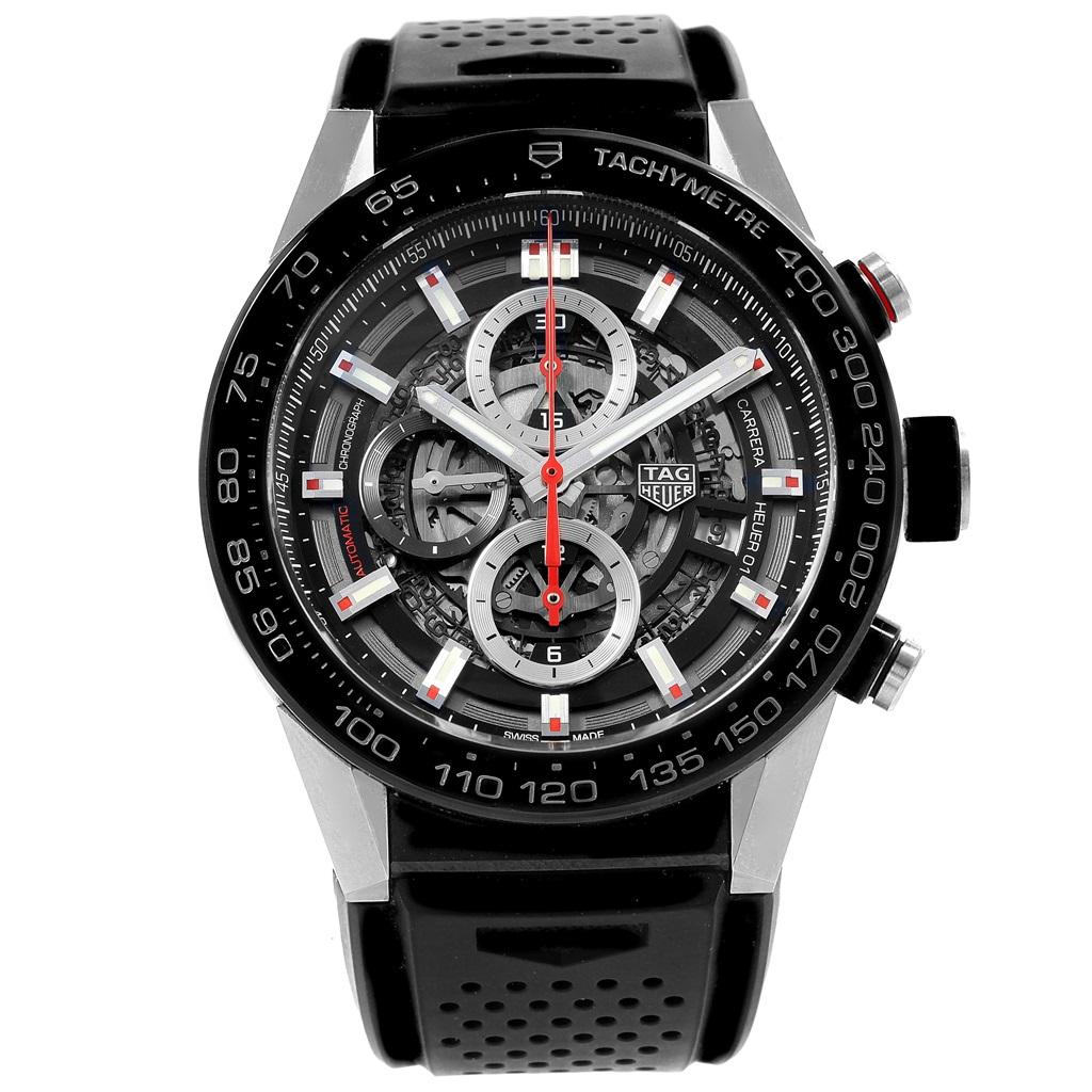 TAG Heuer Carrera Calibre Heuer 01 Skeleton Dial Watch CAR2A1Z Box. Automatic self-winding movement. Stainless steel case 45 mm. Case thickness: 16.5 mm. Exhibition sapphire crystal caseback. Brushed black titanium carbide coated end-pieces. Steel