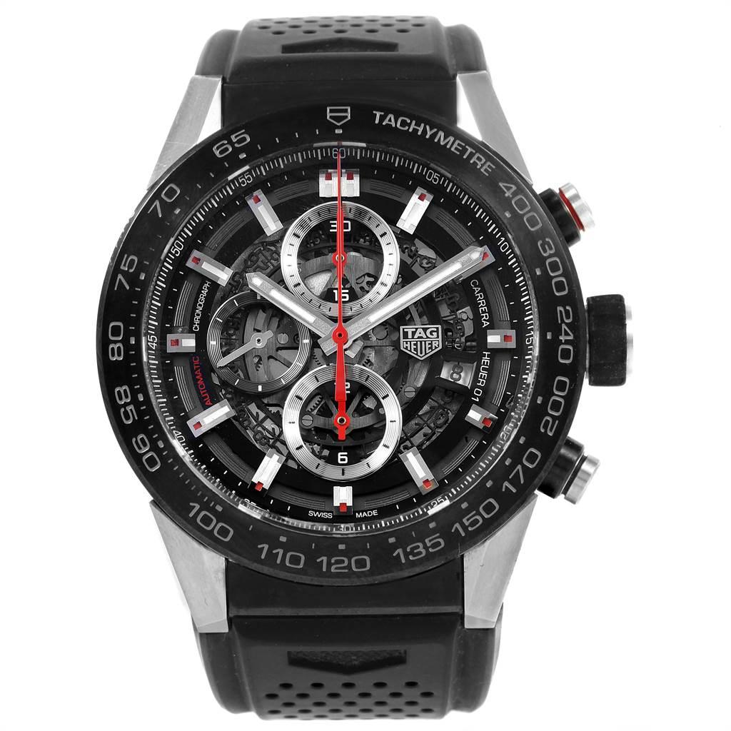TAG Heuer Carrera Calibre Heuer 01 Skeleton Mens Watch CAR2A1Z Box Card. Automatic self-winding movement. Titanium case 45 mm. Case thickness: 16.5 mm. Exhibition sapphire crystal caseback. Brushed black titanium carbide coated end-pieces. Steel and