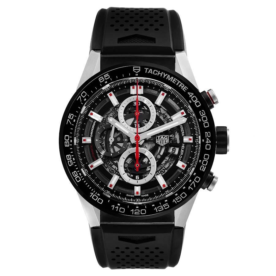 TAG Heuer Carrera Calibre Heuer 01 Skeleton Mens Watch CAR2A1Z Box Card. Automatic self-winding movement. Stainless steel case 45 mm. Case thickness: 16.5 mm. Exhibition sapphire crystal caseback. Brushed black titanium carbide coated end-pieces.