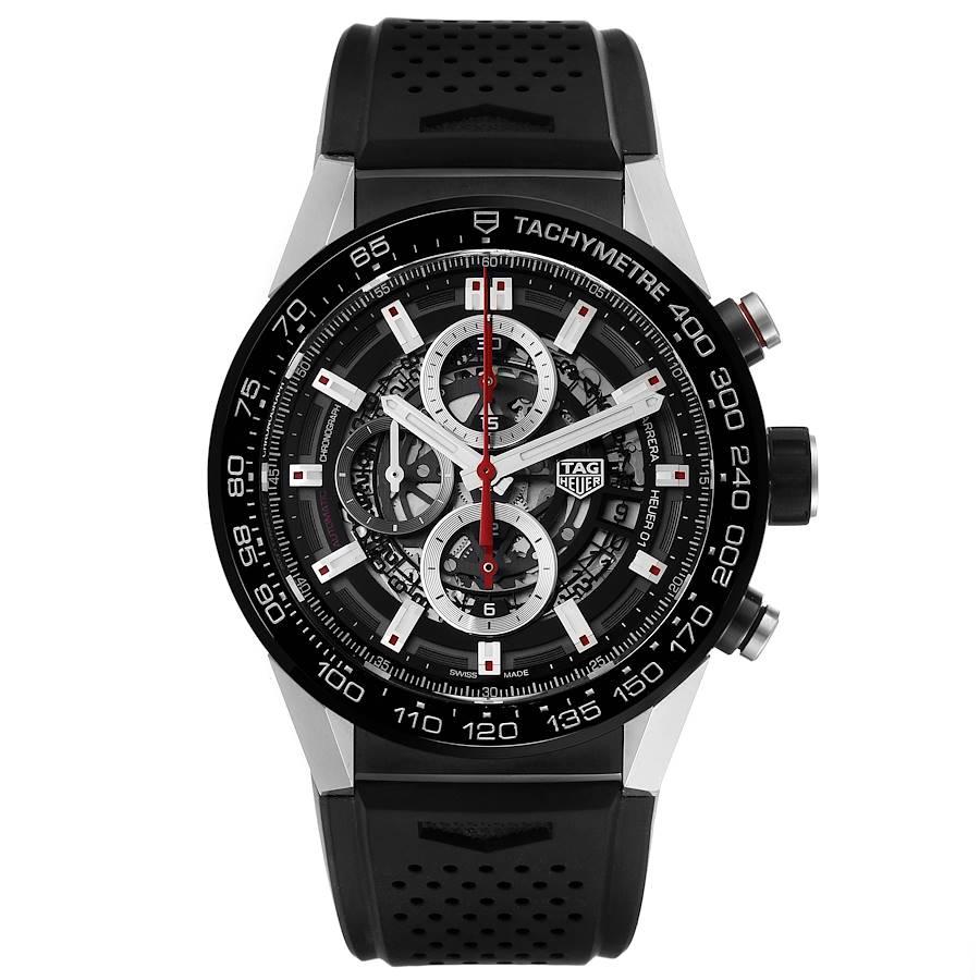 TAG Heuer Carrera Calibre Heuer 01 Skeleton Mens Watch CAR2A1Z Card. Automatic self-winding movement. Stainless steel case 45 mm. Case thickness: 16.5 mm. Exhibition sapphire crystal caseback. Brushed black titanium carbide coated end-pieces. Steel