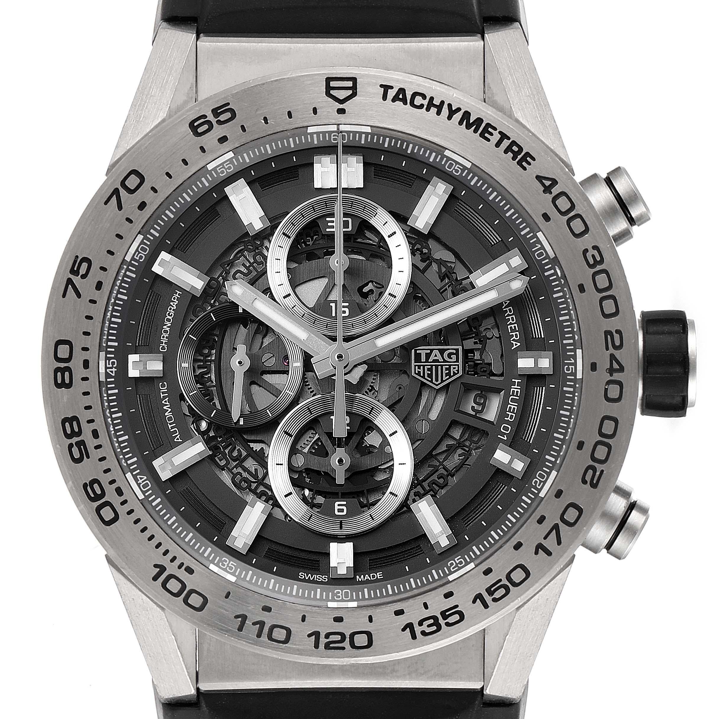 TAG Heuer Carrera Calibre Heuer 01 Skeleton Mens Watch CAR2A8A Box Card. Automatic self-winding movement. Titanium case 45 mm. Case thickness: 16.5 mm. Exhibition sapphire crystal caseback. Steel and rubber fluted crown. Titanium bezel with black