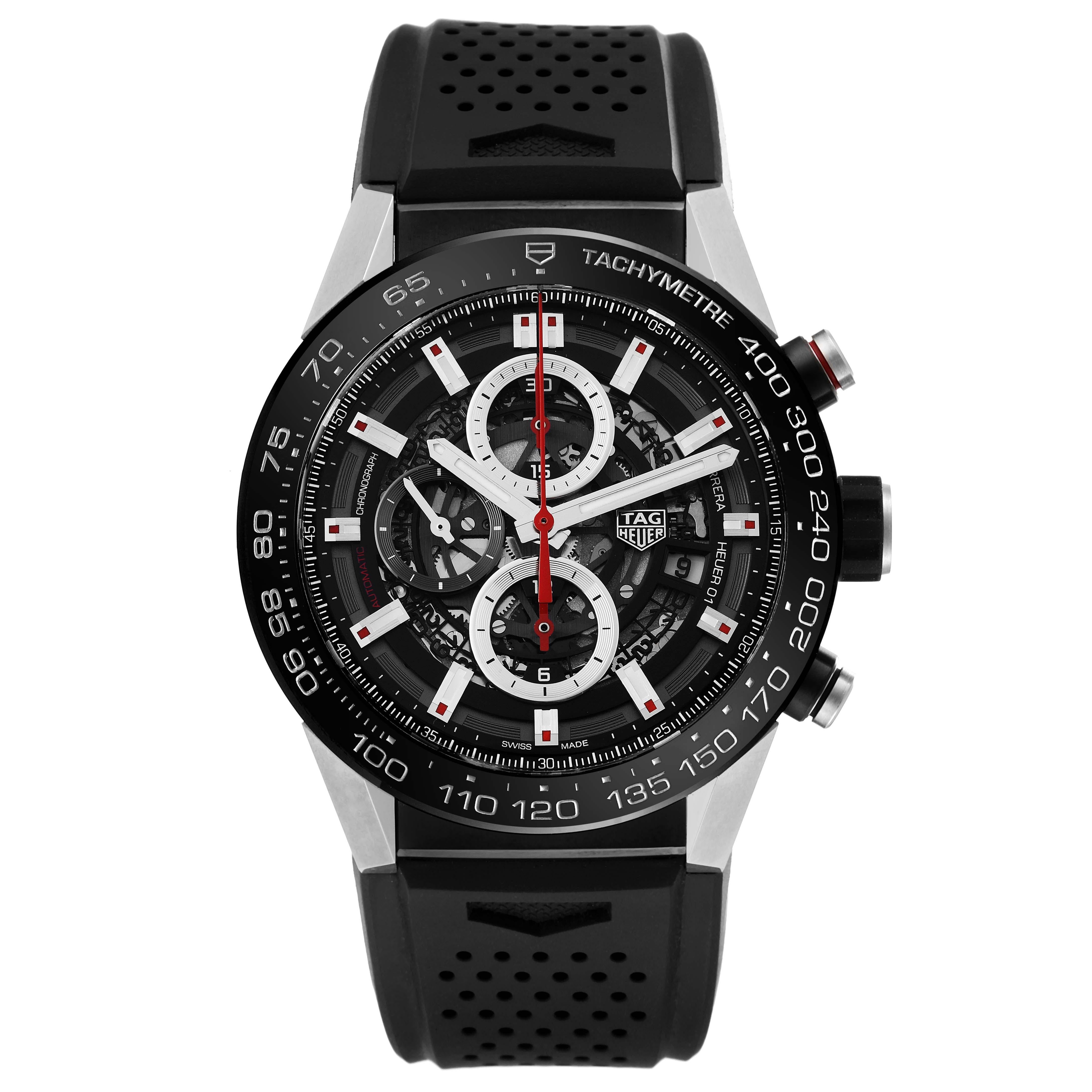 TAG Heuer Carrera Calibre Heuer 01 Skeleton Steel Mens Watch CAR2A1Z Box Card. Automatic self-winding movement. Stainless steel case 45 mm. Case thickness: 16.5 mm. Exhibition transparent sapphire crystal caseback. Brushed black titanium carbide