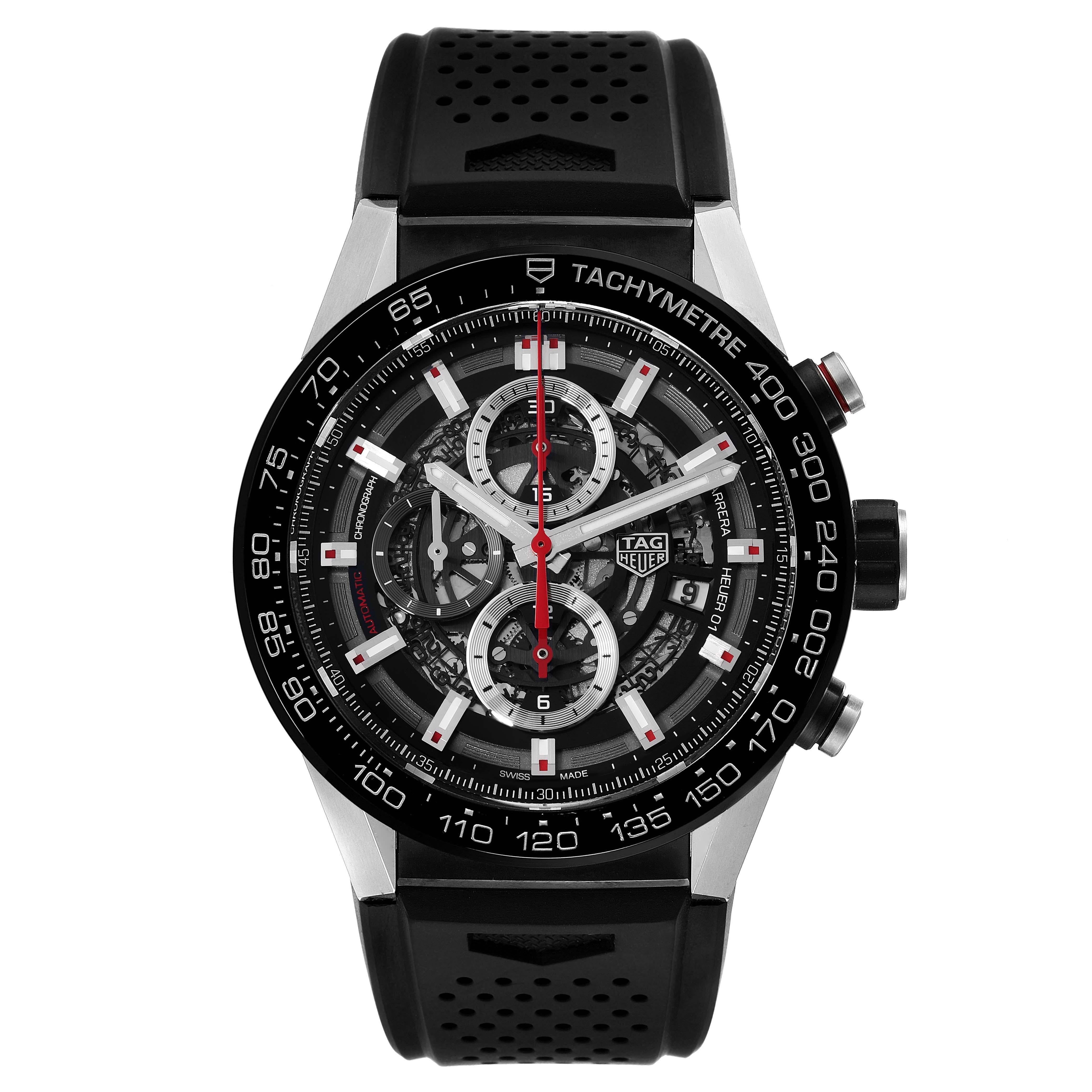 TAG Heuer Carrera Calibre Heuer 01 Skeleton Steel Mens Watch CAR2A1Z. Automatic self-winding movement. Stainless steel case 45 mm. Case thickness: 16.5 mm. Exhibition transparent sapphire crystal caseback. Brushed black titanium carbide coated