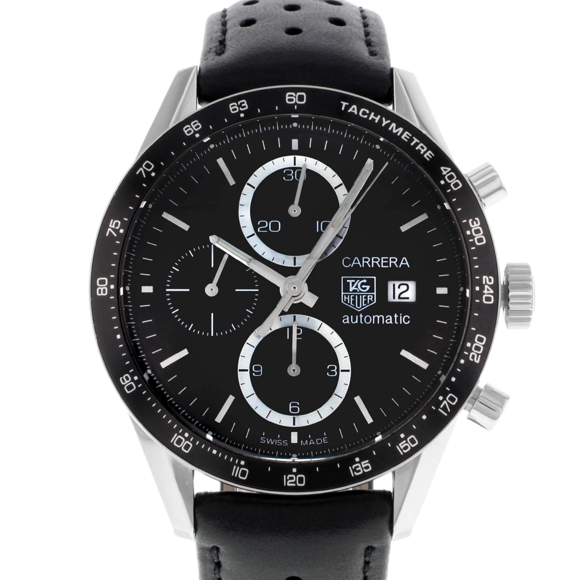This pre-owned TAG Heuer Carrera CV2010.FC6233 is a beautiful men's timepiece that is powered by mechanical (automatic) movement which is cased in a stainless steel case. It has a round shape face, chronograph, date indicator, small seconds subdial,