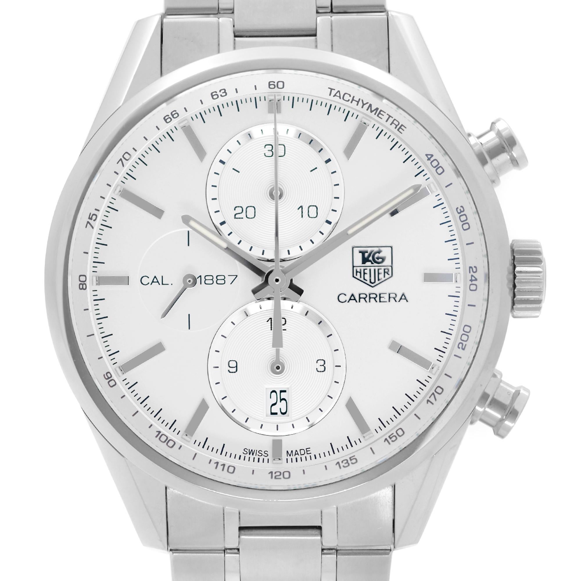 Pre Owned Tag Heuer Carrera Chronograph Steel Silver Dial Men's Watch CAR2111.BA0720. This Beautiful Timepiece Features: Stainless Steel Case & Bracelet, Fixed Smooth Stainless Steel Bezel, Silver Dial with Luminous Silver-Tone Hands and Index Hour