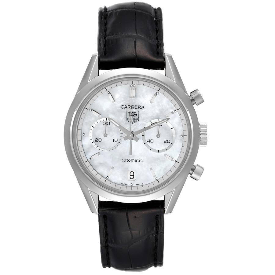 Tag Heuer Carrera Chronograph 39mm Mother of Pearl Dial Mens Watch CV2115. Automatic self-winding chronograph movement. Stainless steel round case 39.0 mm. Stainless steel case back. Stainless steel bezel. Scratch resistant sapphire crystal. Mother