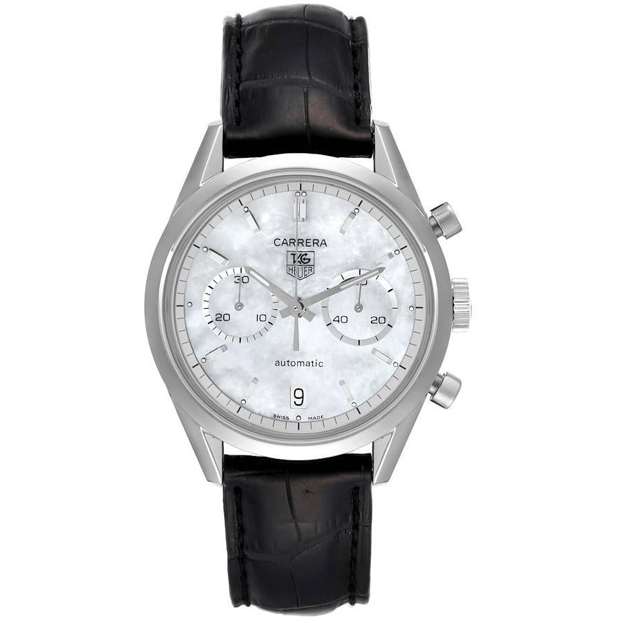 Tag Heuer Carrera Chronograph 39mm Perlmutt Zifferblatt Herrenuhr CV2115. Automatisches Chronographenwerk mit Selbstaufzug. Rundes Gehäuse aus Edelstahl 39,0 mm. Gehäuseboden aus Edelstahl. Lünette aus rostfreiem Stahl. Kratzfestes Saphirglas.